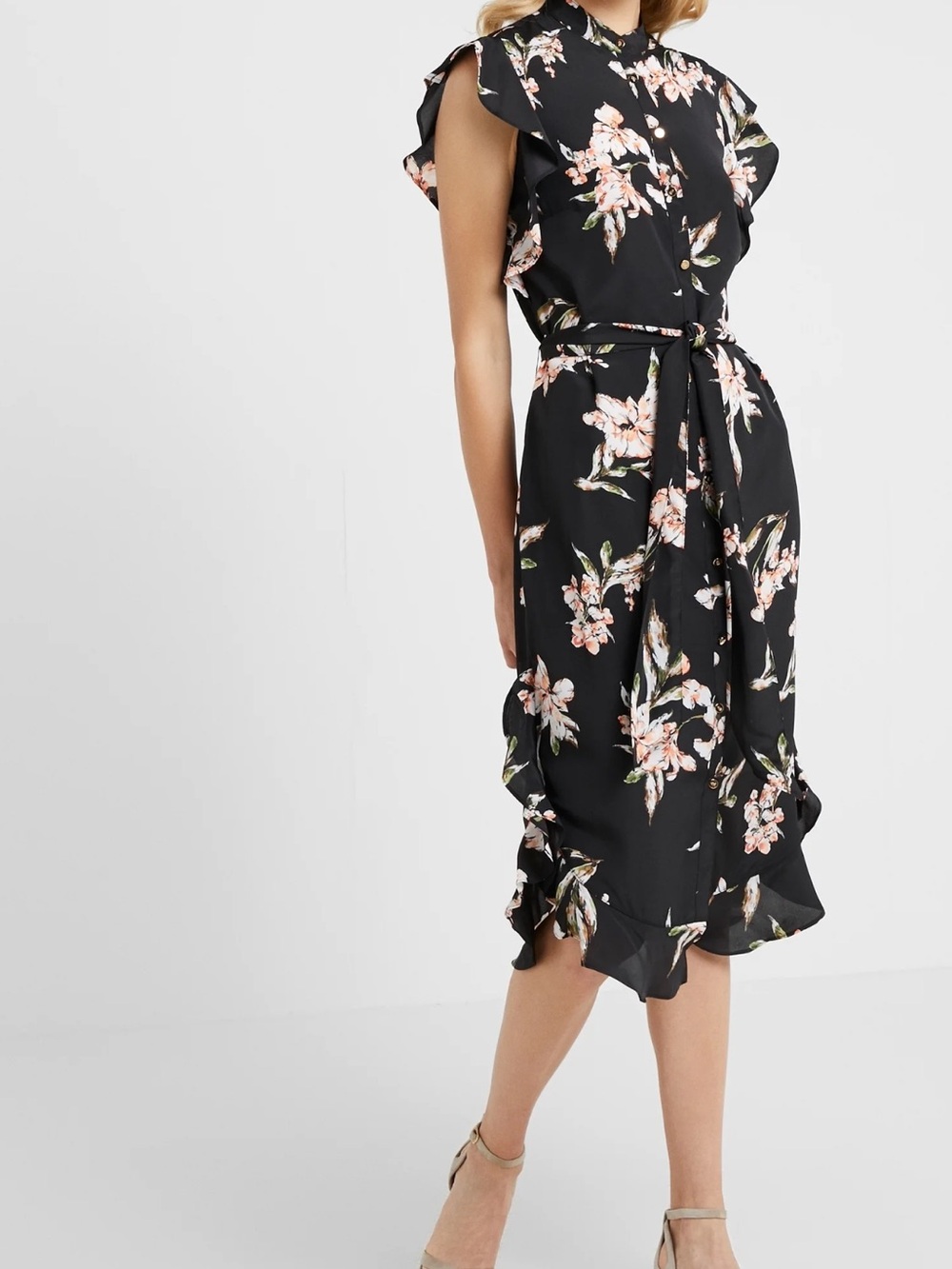 Lauren Ralph Lauren Black Sleeveless Floral Midi Dress with Tie Waist